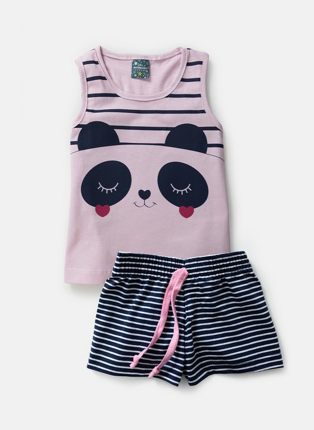 03 pijama infantil feminino panda listras rosa 1093 ceu estrelado