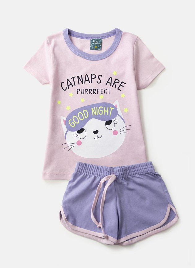 02 pijama infantil feminino catnaps brilha no escuro rosa1091 ceu estrelado