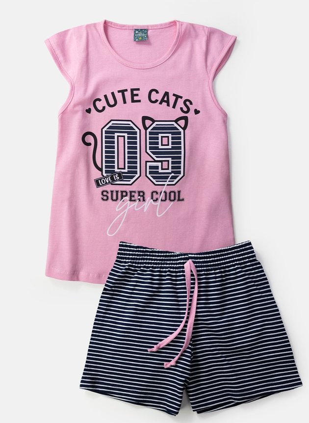 09 pijama infantil feminino cute cats rosa 1104 ceu estrelado