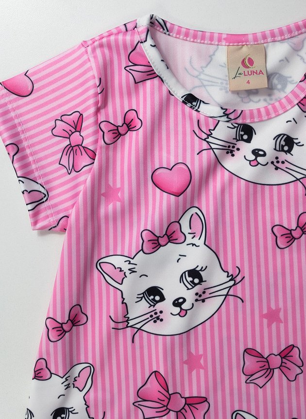 01 vestido infantil manga curta gatinhos lacos rosa 0100 laluna