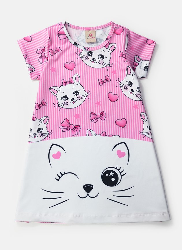 03 vestido infantil manga curta gatinhos lacos rosa 0100 laluna